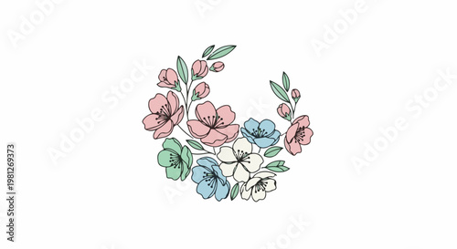 Delicate pastel floral wreath with buds and leaves