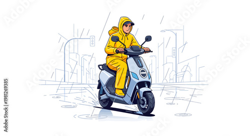 Person riding scooter in rain wearing yellow waterproof outfit