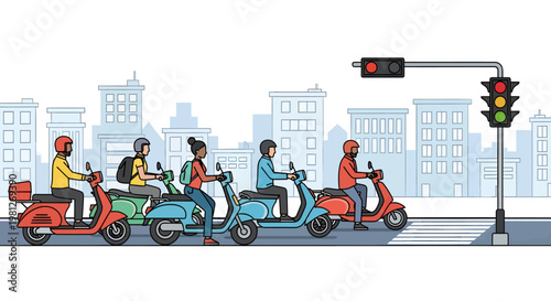 people riding scooters on city street at traffic light