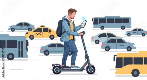 Man riding electric scooter with phone in traffic