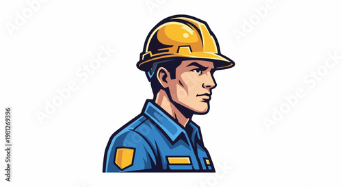 Determined man in a yellow hard hat and blue uniform