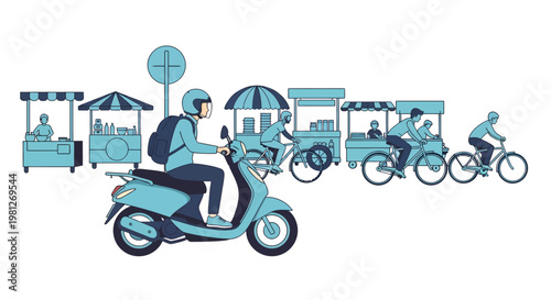 City transportation and people commuting to work or school on scooters and bicycles