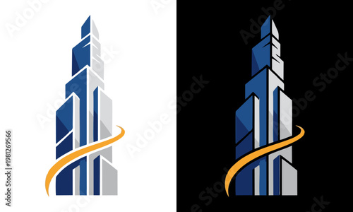 A sleek skyscraper illustration with curved lines on white and black backgrounds