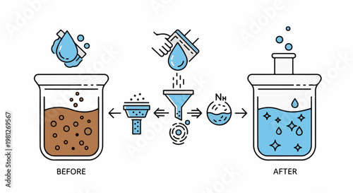 Diagram showing fluid purification process with beakers and filtration