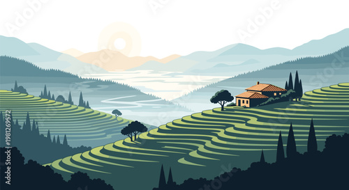 Pristine pixel art landscape showcases vibrant green terraced fields cascading down slopes toward a misty blue mountain range under a soft morning sun.