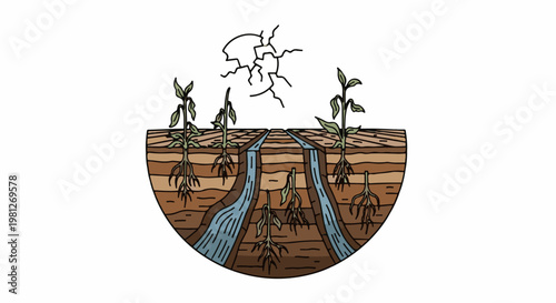Diagram shows cracked earth, plants, and water channels in soil layers