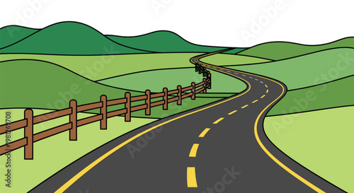 A vibrant asphalt road with bright yellow lane markings winds through lush green rolling hills bordered by a rustic wooden fence under clear white skies.