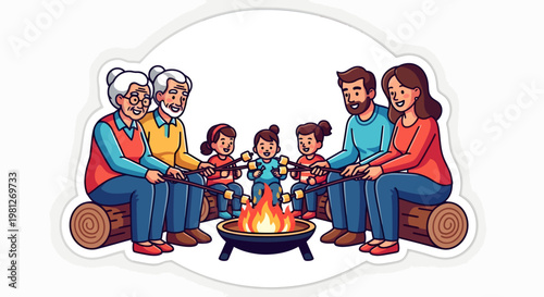 Family gathering around campfire, roasting marshmallows together outdoors