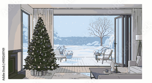 Cozy living room with Christmas tree overlooks snowy winter garden