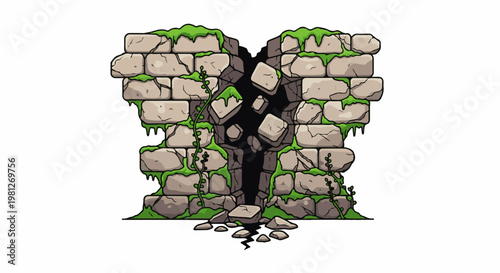 Cracked ancient brick wall overgrown with moss and vines, revealing dark abyss