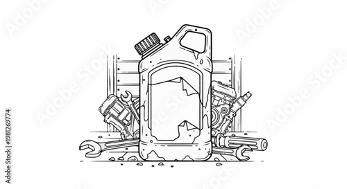 Cracked container with mechanical parts and tools, sketch style