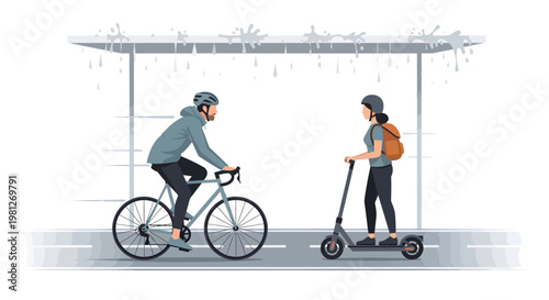 Commuters riding bicycle and electric scooter to work or school