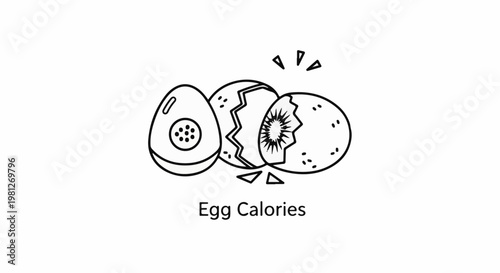 Cracked eggs, one halved showing dots, on white background