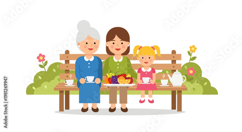 happy family picnic with grandmother mother and little girl sitting on bench