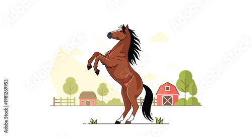 A majestic brown stallion rears up energetically on a peaceful farmstead featuring a classic red barn and minimalist green trees under a soft cream sky.