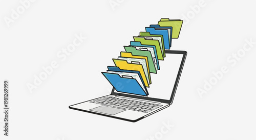 Digital file organization with colorful folders emerging from laptop