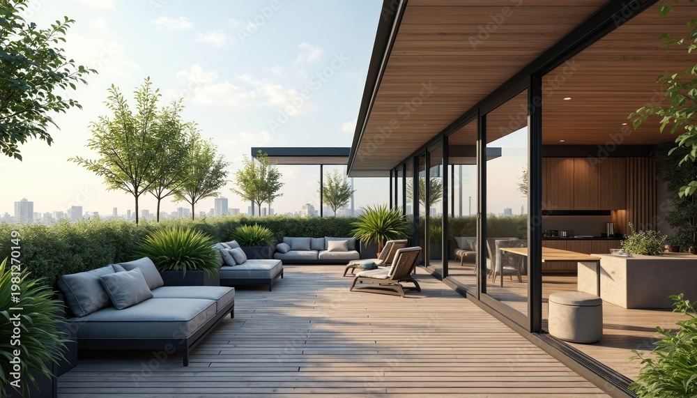 Obraz premium Spacious modern rooftop terrace with glass enclosure and city views. Features comfortable seating areas, rich greenery, and outdoor dining space. Ideal for luxury urban living and relaxation.