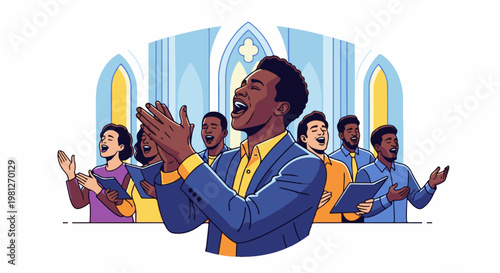 Diverse choir sings with joy inside a church
