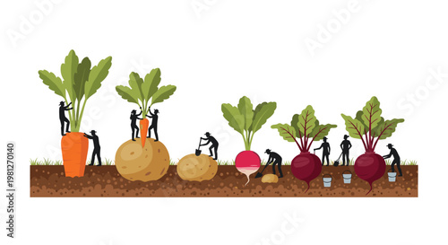 Miniature silhouette farmers work diligently to harvest giant colorful root vegetables from a cross-section of dark fertile soil against a plain white backdrop.
