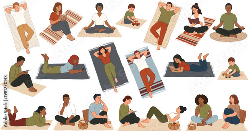 Top view yoga exercise vector set, diverse people stretching on mats, home workout fitness and wellness flat illustration, healthy lifestyle training poses for app UI infographic and poster design