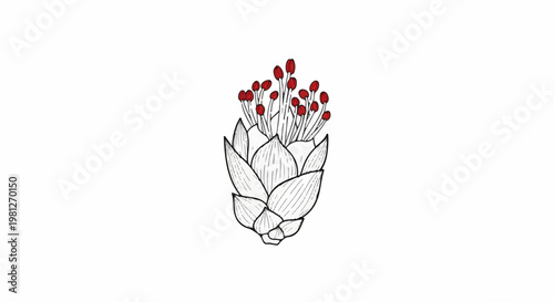 Detailed line drawing of a flower bud with red stamens on a white background