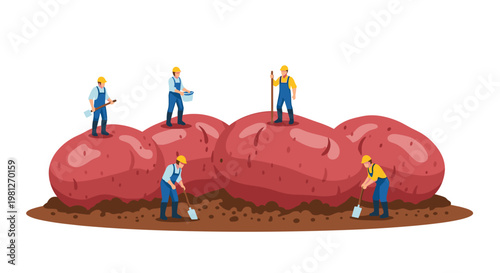 Tiny workers wearing blue overalls and yellow hardhats use shovels to excavate a pile of massive red potatoes resting on a mound of dark brown soil in a creative scene.