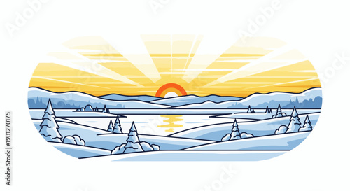 Crisp winter sunrise illuminates a serene snow-covered landscape with a frozen lake