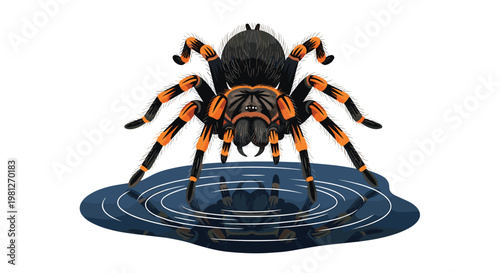 A striking front-facing illustration depicts a black and orange tarantula leaning down to drink from a dark blue water puddle with delicate concentric ripples.