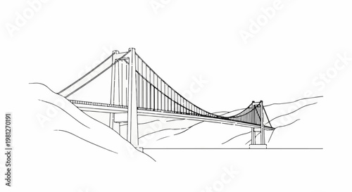 Detailed line drawing of a large suspension bridge spanning across water between hills