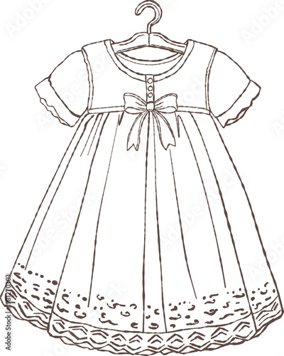 Baby girl christening dress in doodle line art style. Minimal hand-drawn outline of a baptism gown, symbolizing purity and innocence. Perfect for invitations, baby shower, and religious-themed designs
