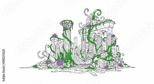 Crumbling ancient ruins overtaken by lush green vines and purple flowers