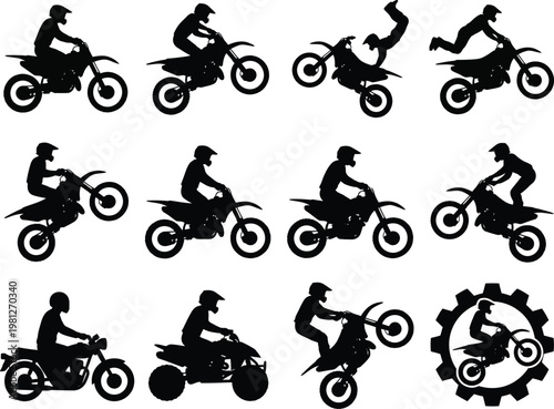 Motocross rider silhouette icon set, dirt bike freestyle stunts and jumps, extreme sport motorcycle action poses and emblem gear logo, vector illustration isolated on white background