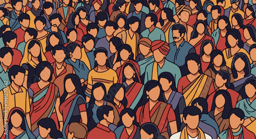 Diverse crowd of people, men and women, wearing traditional attire