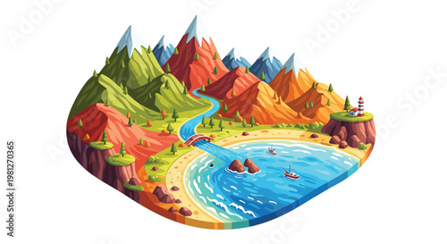 This charming isometric landscape block features a winding blue river flowing under a small bridge toward a sandy beach and a deep blue ocean harbor.