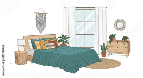 A serene line-art illustration depicts a cozy bohemian bedroom featuring a large bed with teal linens and lush green potted plants by a bright sunlit window.