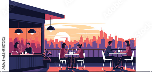 Couples dining at rooftop restaurant with city skyline sunset romantic evening flat vector illustration scene