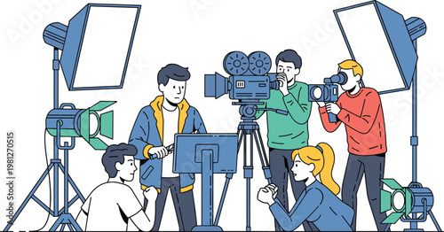 Film production team working with camera lighting and equipment on set flat vector illustration scene