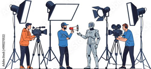Film crew interviewing robot on studio set with cameras and lighting flat vector illustration concept scene