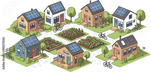 Eco friendly neighborhood with houses solar panels and community gardens sustainable living flat vector illustration scene
