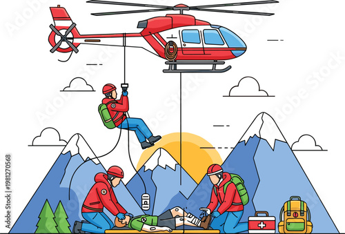 Mountain rescue team saving injured hiker with helicopter emergency service flat vector illustration scene