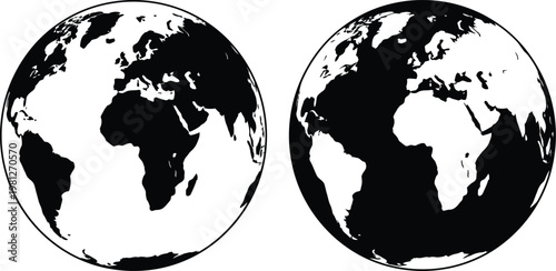 Vector illustration of two black and white globe designs side by side