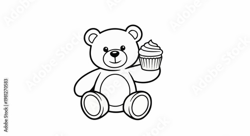 Cute teddy bear holding a cupcake, simple line art for coloring