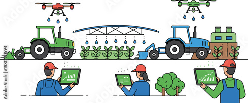 Smart agriculture farming with drones tractors and data monitoring technology flat vector illustration scene