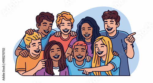 Diverse group of eight young people, smiling and laughing together in a cartoon style