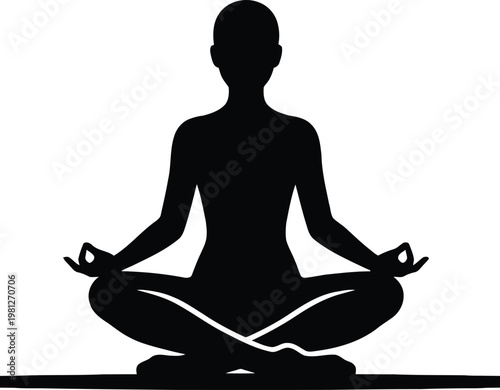Silhouette of a person meditating in a cross-legged posture with hands resting on knees isolated on white background, Vector