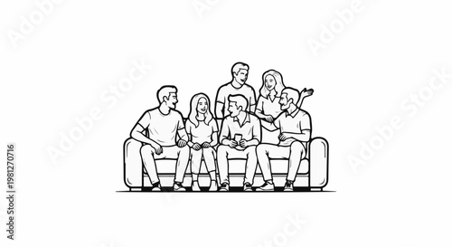 Diverse group of friends gathered together on a sofa, sharing conversation