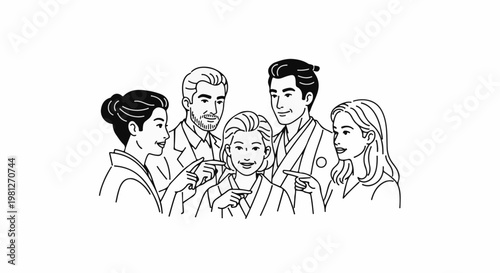 Diverse group of people pointing at a central smiling individual