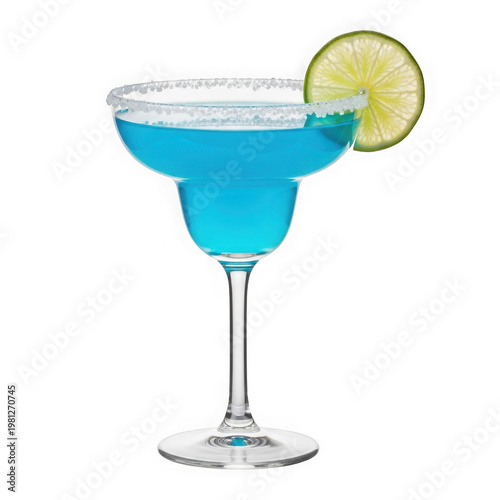 A blue margarita cocktail with a slice of lime