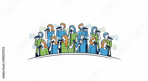 Diverse group of people singing into microphones, stylized