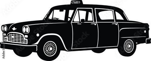 Classic black and white line drawing of a vintage taxi cab vehicle isolated on white background, Vector